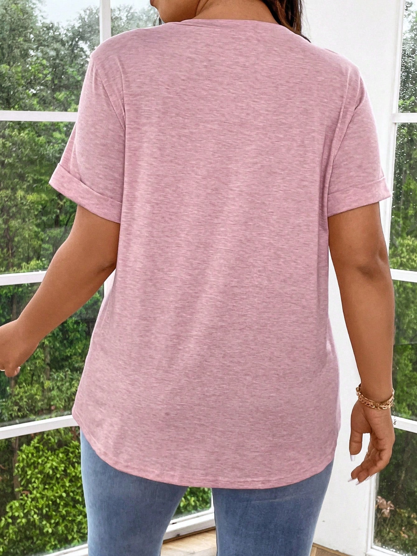 EMERY ROSE Plus Size Solid Color Half Button Front Cuffed Sleeve T-Shirt Henley Shirtpink Tshirtpink T Shirtpink Top Women