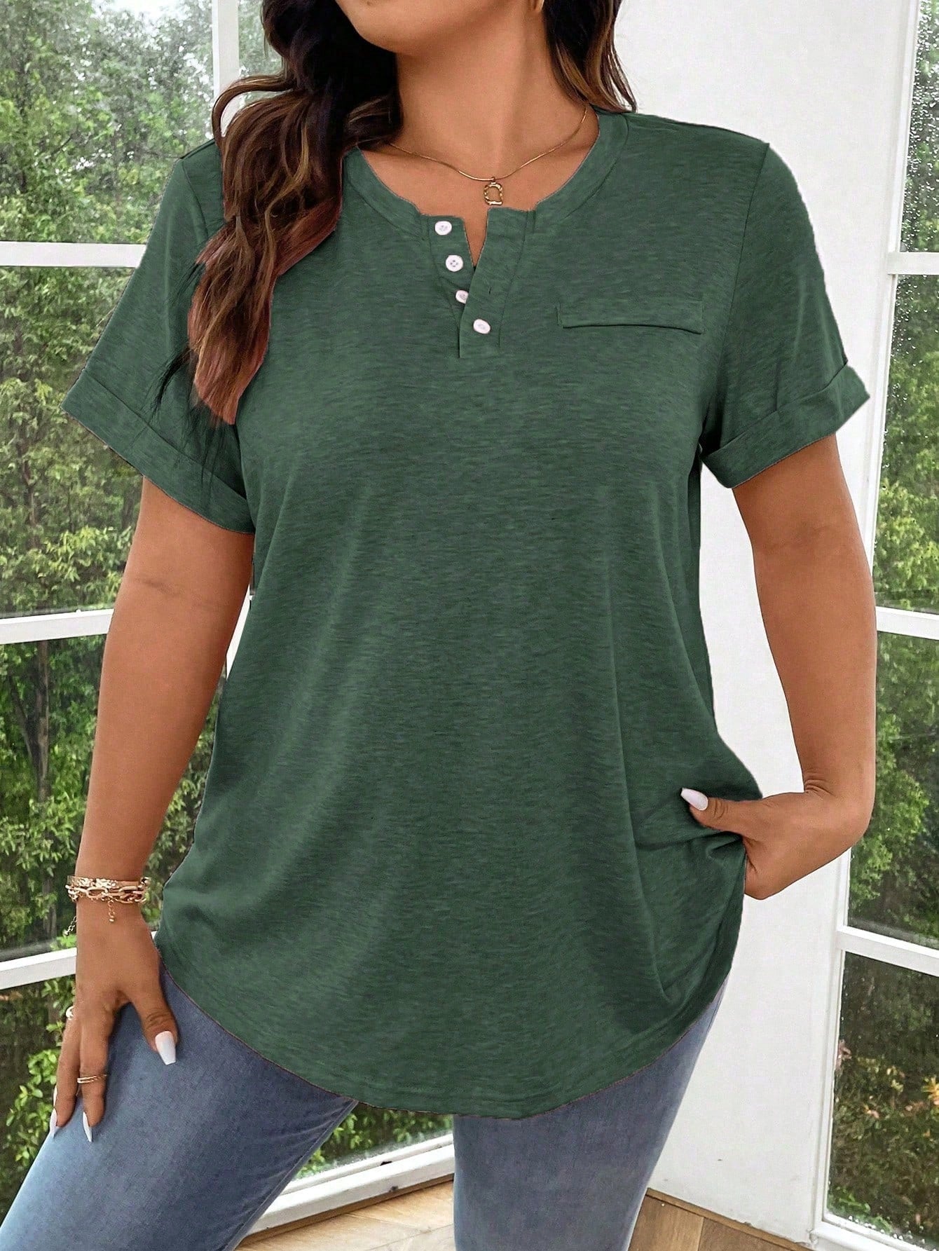 EMERY ROSE Plus Size Solid Color Half Button Front Cuffed Sleeve T-Shirt Henley Shirtpink Tshirtpink T Shirtpink Top Women