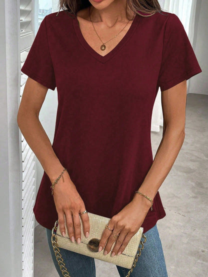 EMERY ROSE Plus Size Solid Short-Sleeved Casual V Neck T-Shirt For Summer