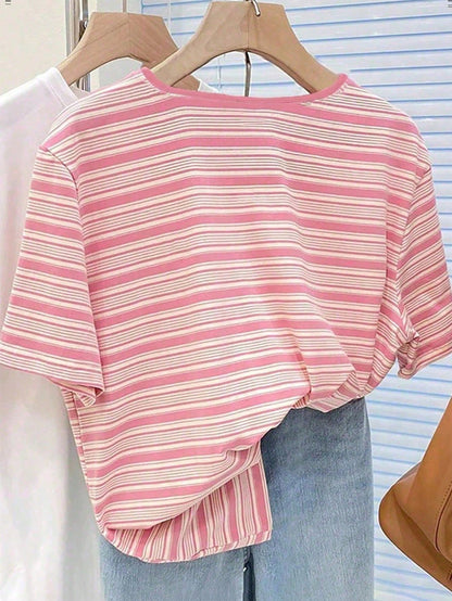 EMERY ROSE Plus Size Striped And Bow Digital Print,Fashionable Minimalist Women's Regular V-Neck T-Shirt, Gift For Friends