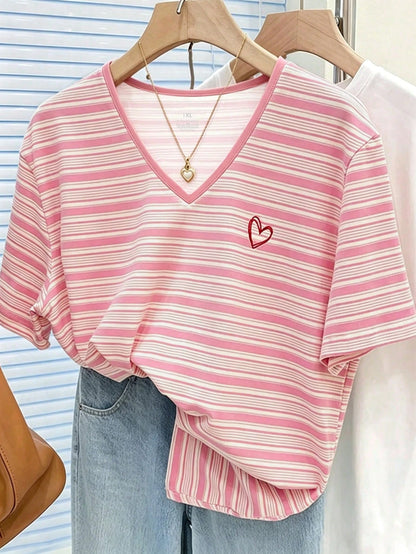 EMERY ROSE Plus Size Striped And Bow Digital Print,Fashionable Minimalist Women's Regular V-Neck T-Shirt, Gift For Friends