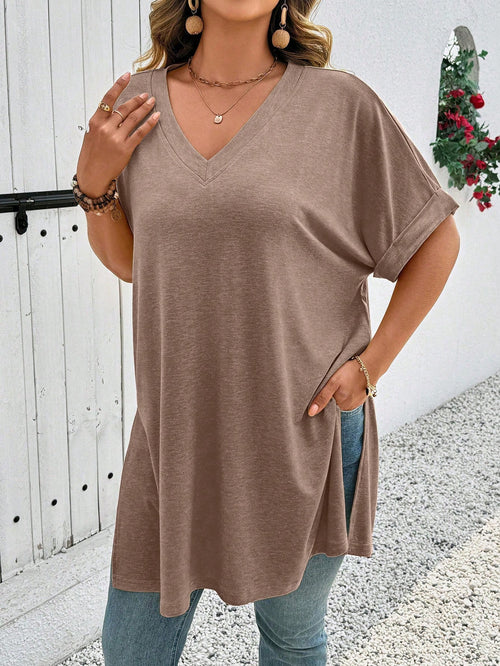 EMERY ROSE Plus Size Summer Casual Solid Color Batwing Sleeve Side Slit T-Shirt