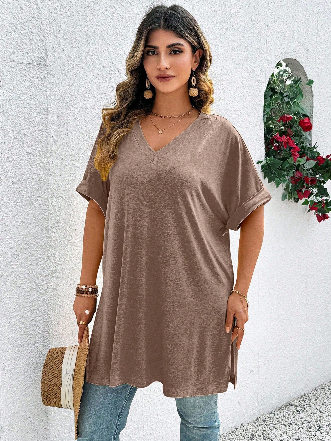 EMERY ROSE Plus Size Summer Casual Solid Color Batwing Sleeve Side Slit T-Shirt