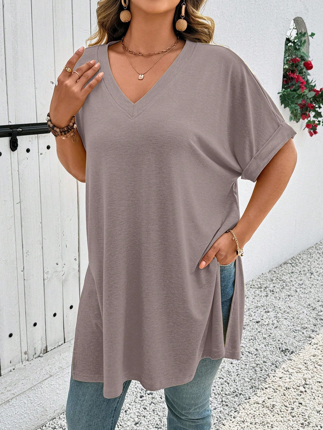 EMERY ROSE Plus Size Summer Casual Solid Color Batwing Sleeve Side Slit T-Shirt
