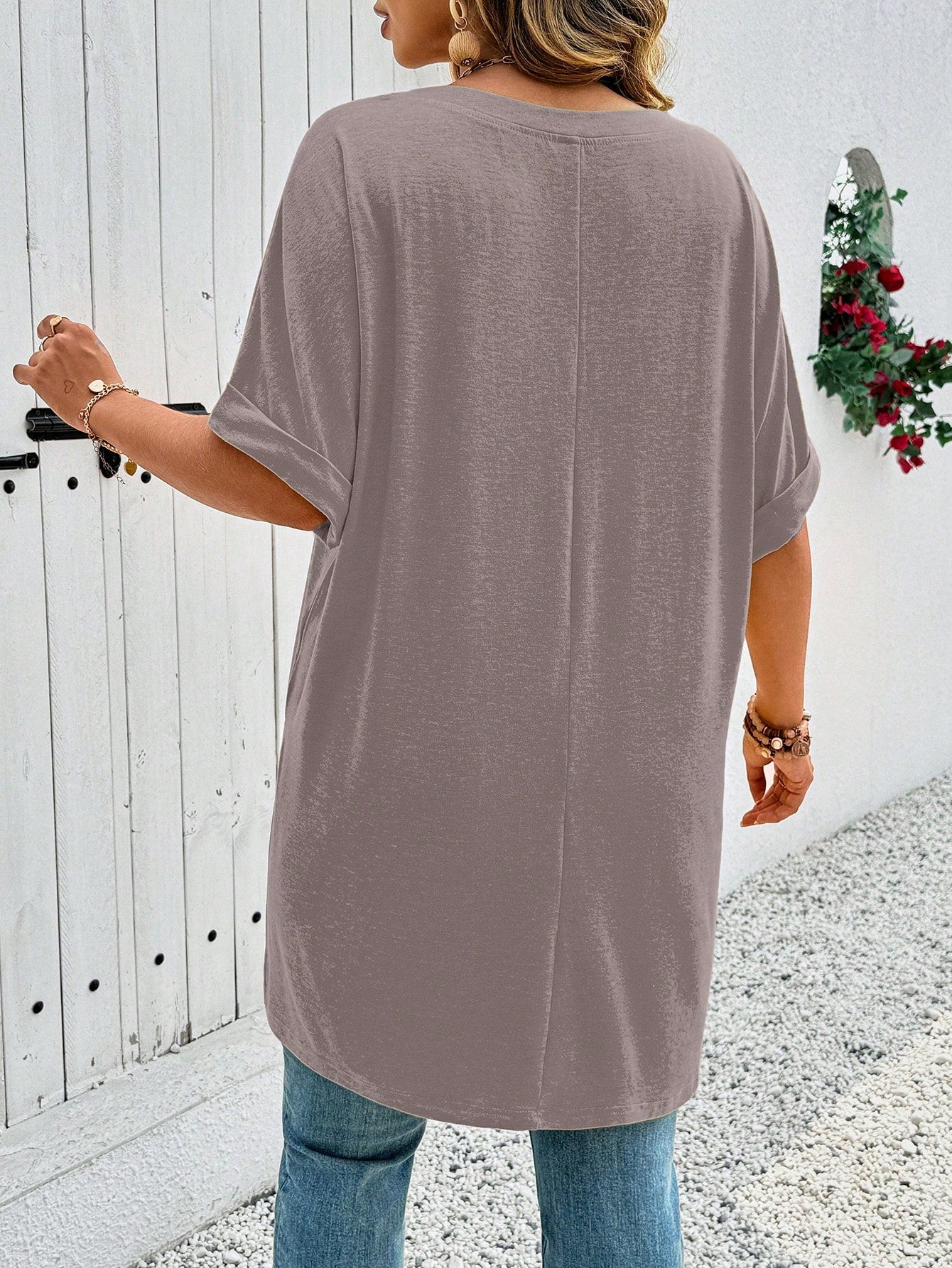 EMERY ROSE Plus Size Summer Casual Solid Color Batwing Sleeve Side Slit T-Shirt