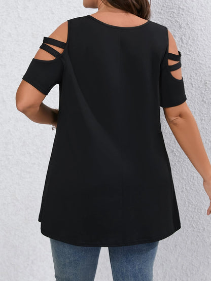 EMERY ROSE Plus Size V-Neck Zipper Decor Knit Off Shoulder Short Sleeve Casual & Work T-Shirt