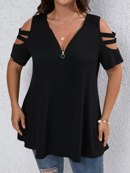 EMERY ROSE Plus Size V-Neck Zipper Decor Knit Off Shoulder Short Sleeve Casual & Work T-Shirt