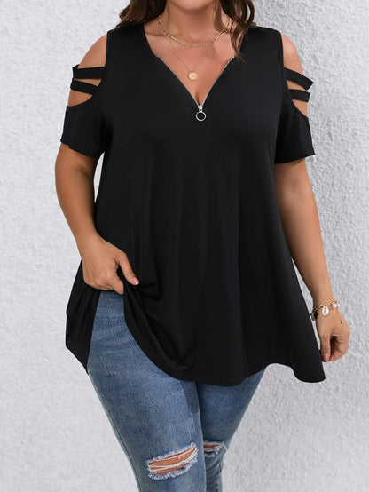 EMERY ROSE Plus Size V-Neck Zipper Decor Knit Off Shoulder Short Sleeve Casual & Work T-Shirt