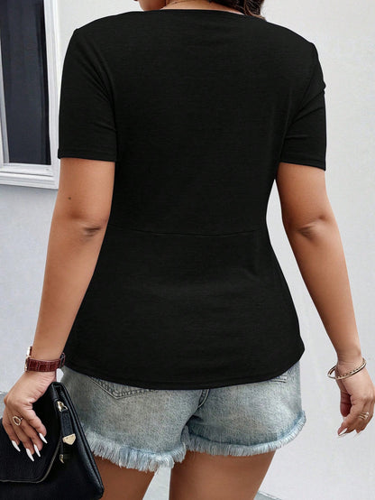 EMERY ROSE Plus Size Vacation Casual Solid Color Twist Front Short Sleeve T-Shirt BASICS Chic