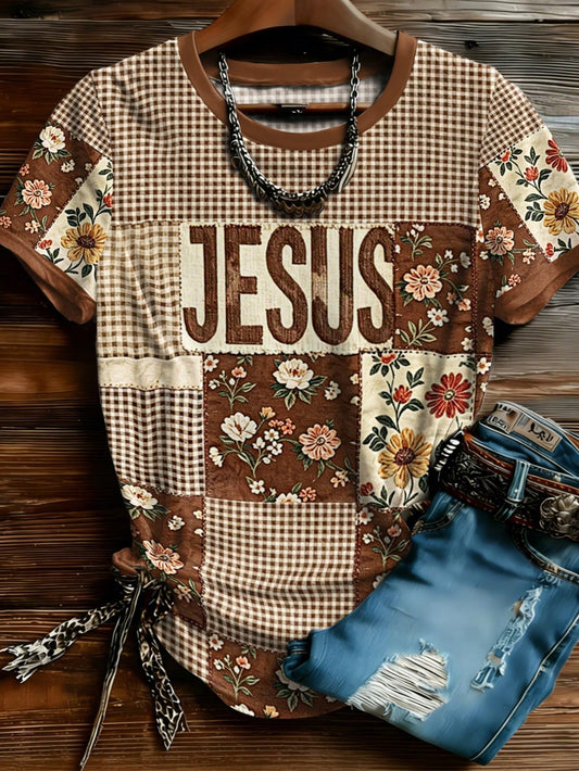 EMERY ROSE Plus Size Vintage Plaid Patchwork Floral Jesus T-Shirt For Women, Christian Faith Theme Print Short Sleeve, Bohemian Casual Daily Summer Top, New Fashion Outing Apparel