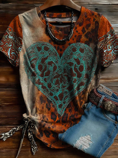 EMERY ROSE Plus Size Western Turquoise Heart Leopard Print Orange T-Shirt,Cute Graphic Summer Cowgirl Tees,Retro Boho Country Rave Concert Top,Mother's Day Gift