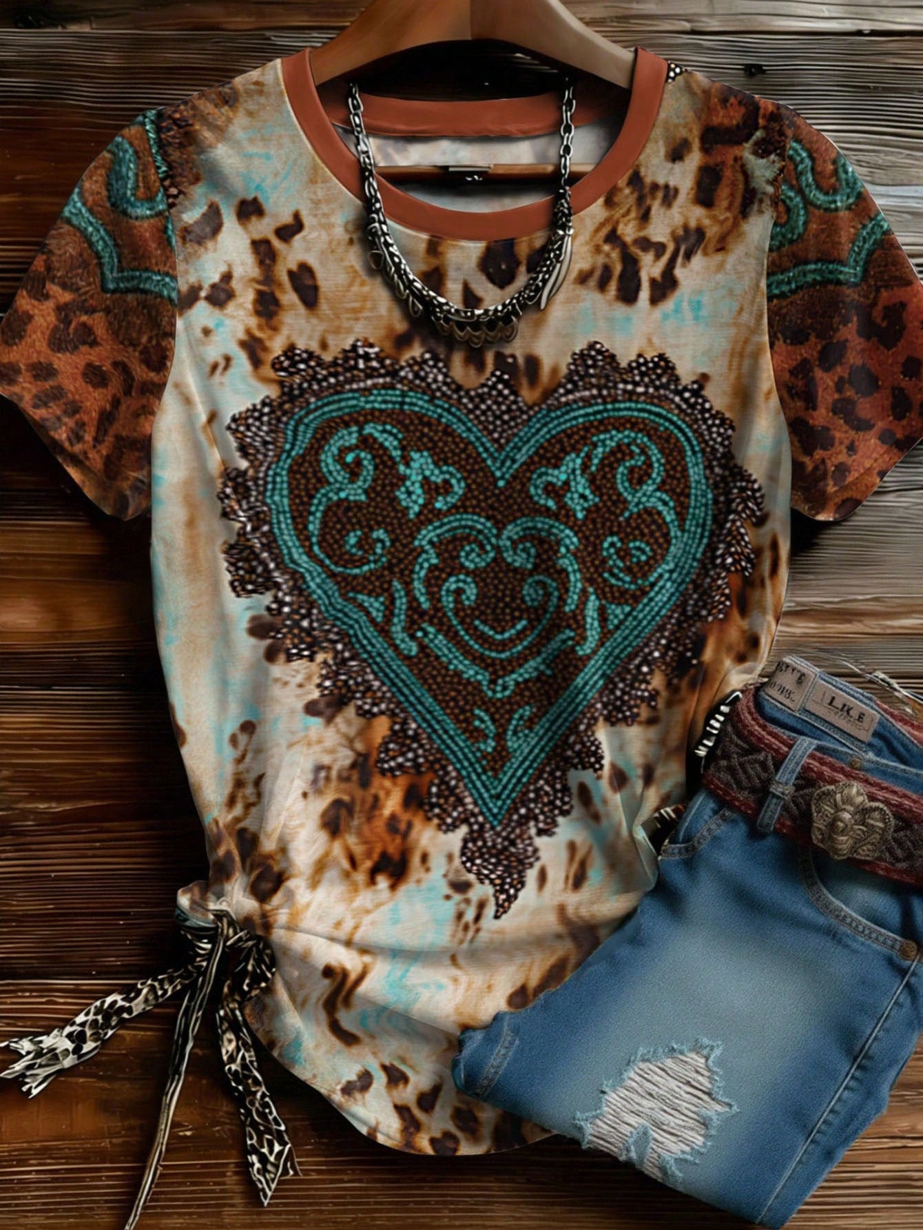 EMERY ROSE Plus Size Western Turquoise Heart Leopard Print Orange T-Shirt,Cute Graphic Summer Cowgirl Tees,Retro Boho Country Rave Concert Top,Mother's Day Gift