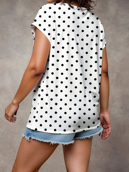 EMERY ROSE Plus Size White Base Black Polka Dot Print Crew Neck Batwing Short Sleeve Patch Pocket Curved Hem Loose T Shirt Women Daily Going Out Casual Tee