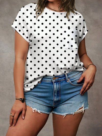 EMERY ROSE Plus Size White Base Black Polka Dot Print Crew Neck Batwing Short Sleeve Patch Pocket Curved Hem Loose T Shirt Women Daily Going Out Casual Tee