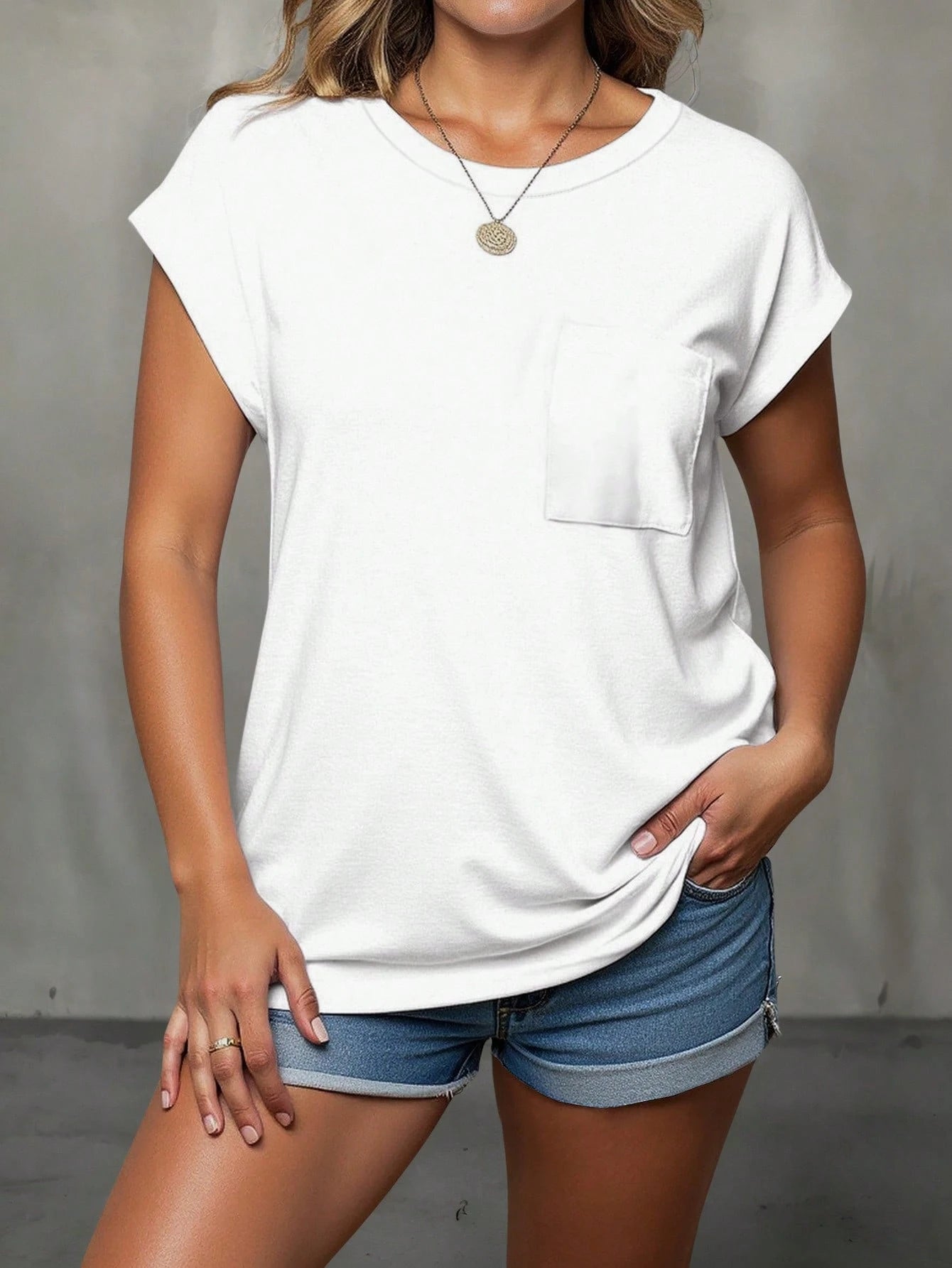 EMERY ROSE Plus Size White Base Black Polka Dot Print Crew Neck Batwing Short Sleeve Patch Pocket Curved Hem Loose T Shirt Women Daily Going Out Casual Tee