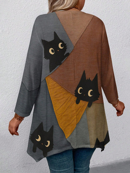 EMERY ROSE Plus Size Women Black Cat Print Tshirt,Autumn Casual Everyday Loose-Fit Top,Asymmetrical Hem Graphic Tees,3/4 Sleeve Tops,Cat Lovers Gifts Fall