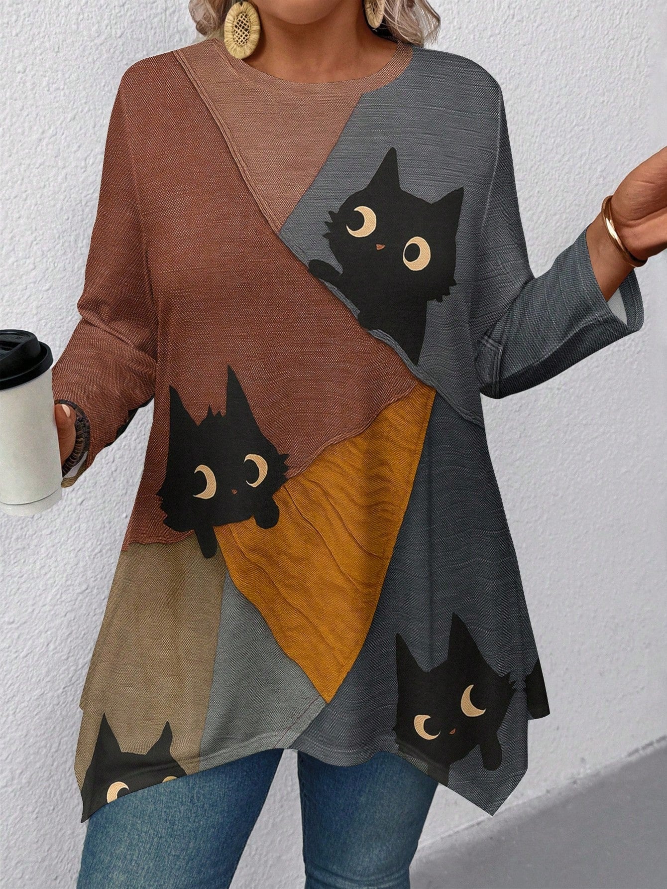 EMERY ROSE Plus Size Women Black Cat Print Tshirt,Autumn Casual Everyday Loose-Fit Top,Asymmetrical Hem Graphic Tees,3/4 Sleeve Tops,Cat Lovers Gifts Fall