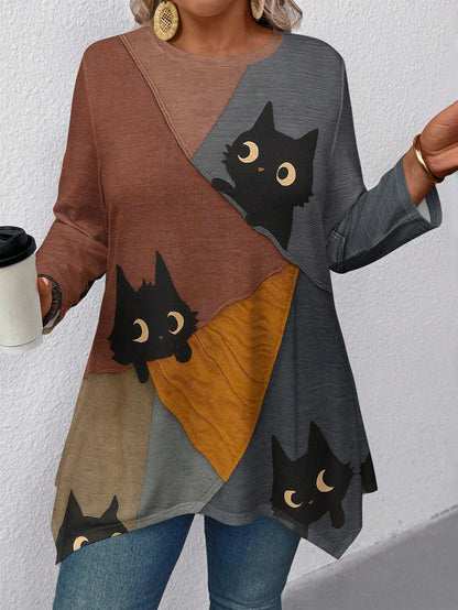 EMERY ROSE Plus Size Women Black Cat Print Tshirt,Autumn Casual Everyday Loose-Fit Top,Asymmetrical Hem Graphic Tees,3/4 Sleeve Tops,Cat Lovers Gifts Fall