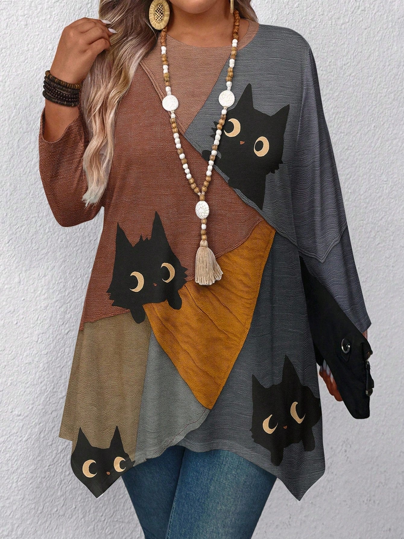 EMERY ROSE Plus Size Women Black Cat Print Tshirt,Autumn Casual Everyday Loose-Fit Top,Asymmetrical Hem Graphic Tees,3/4 Sleeve Tops,Cat Lovers Gifts Fall