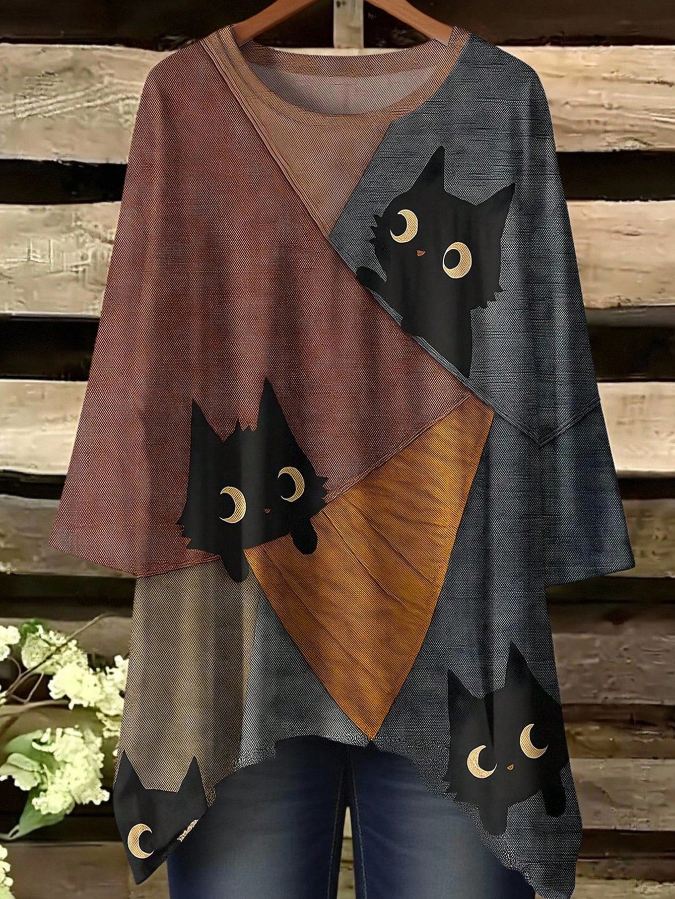 EMERY ROSE Plus Size Women Black Cat Print Tshirt,Autumn Casual Everyday Loose-Fit Top,Asymmetrical Hem Graphic Tees,3/4 Sleeve Tops,Cat Lovers Gifts Fall