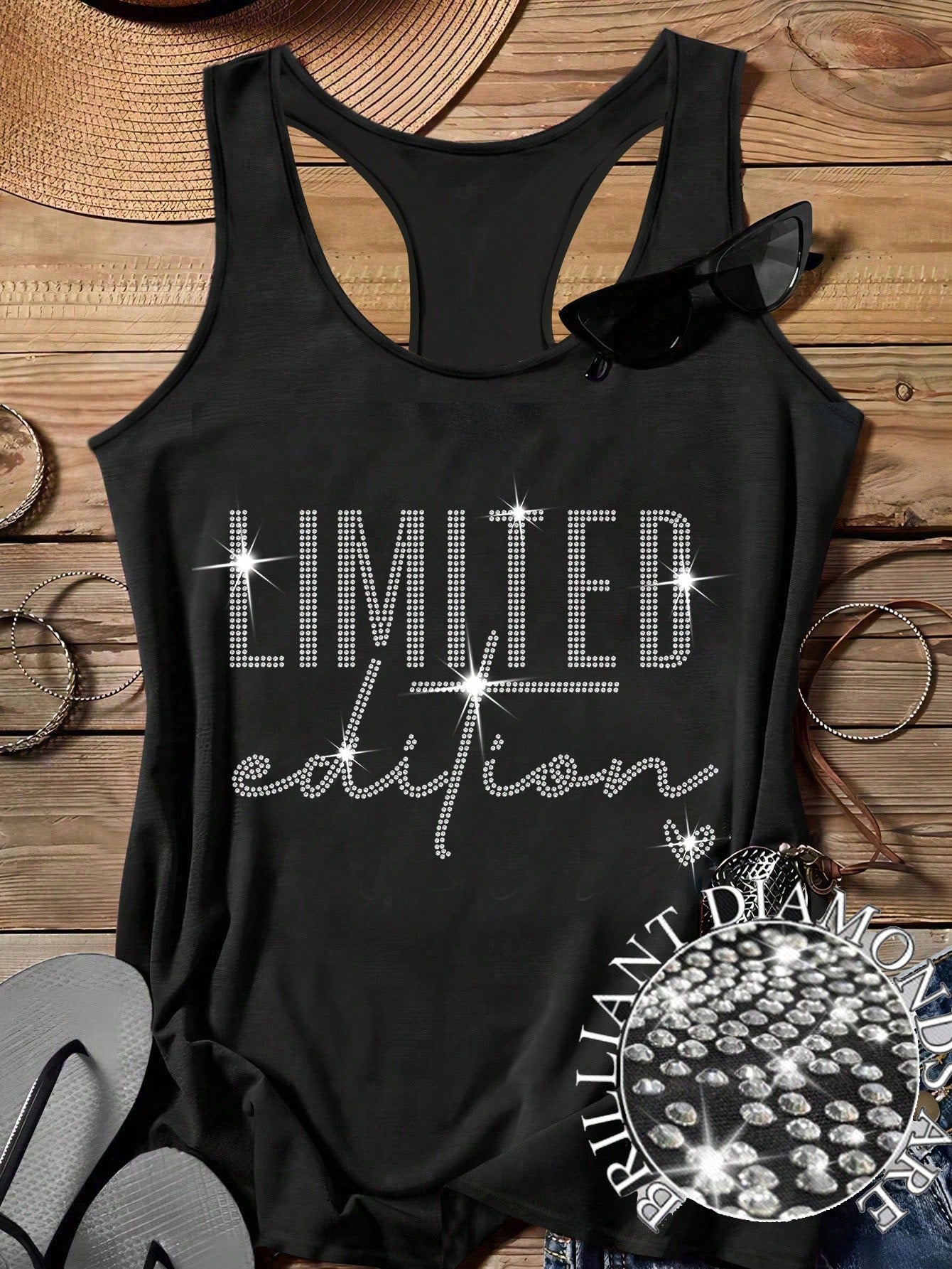 EMERY ROSE Plus Size Women Black Rhinestone "Limited Edition" Letter Print Camisole Tank Top,Summer Smart Casual Night Out Club Minimalist Back To School Top