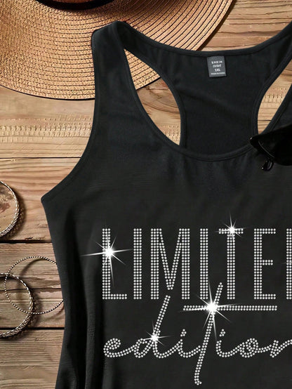 EMERY ROSE Plus Size Women Black Rhinestone "Limited Edition" Letter Print Camisole Tank Top,Summer Smart Casual Night Out Club Minimalist Back To School Top