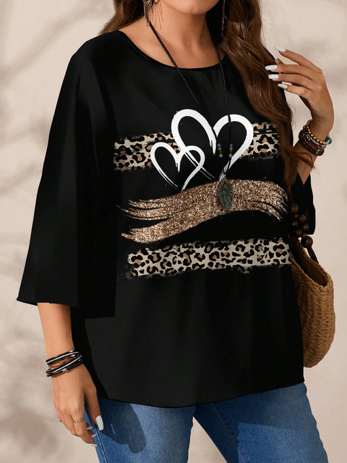 EMERY ROSE Plus Size Women Casual All-Over Print Loose Fit Round Neck 3/4 Sleeve Blouse Fall