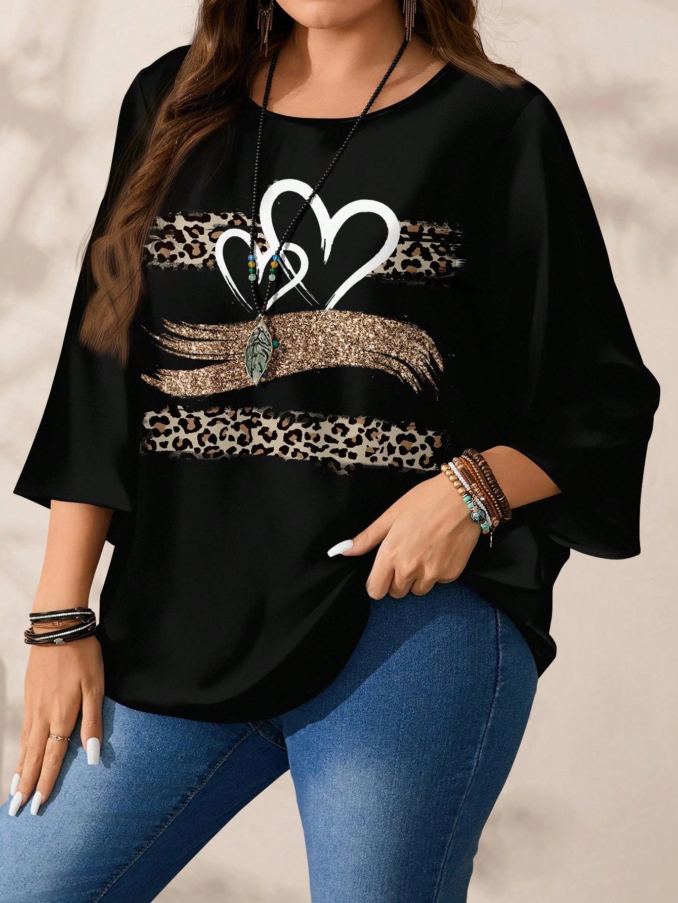 EMERY ROSE Plus Size Women Casual All-Over Print Loose Fit Round Neck 3/4 Sleeve Blouse Fall