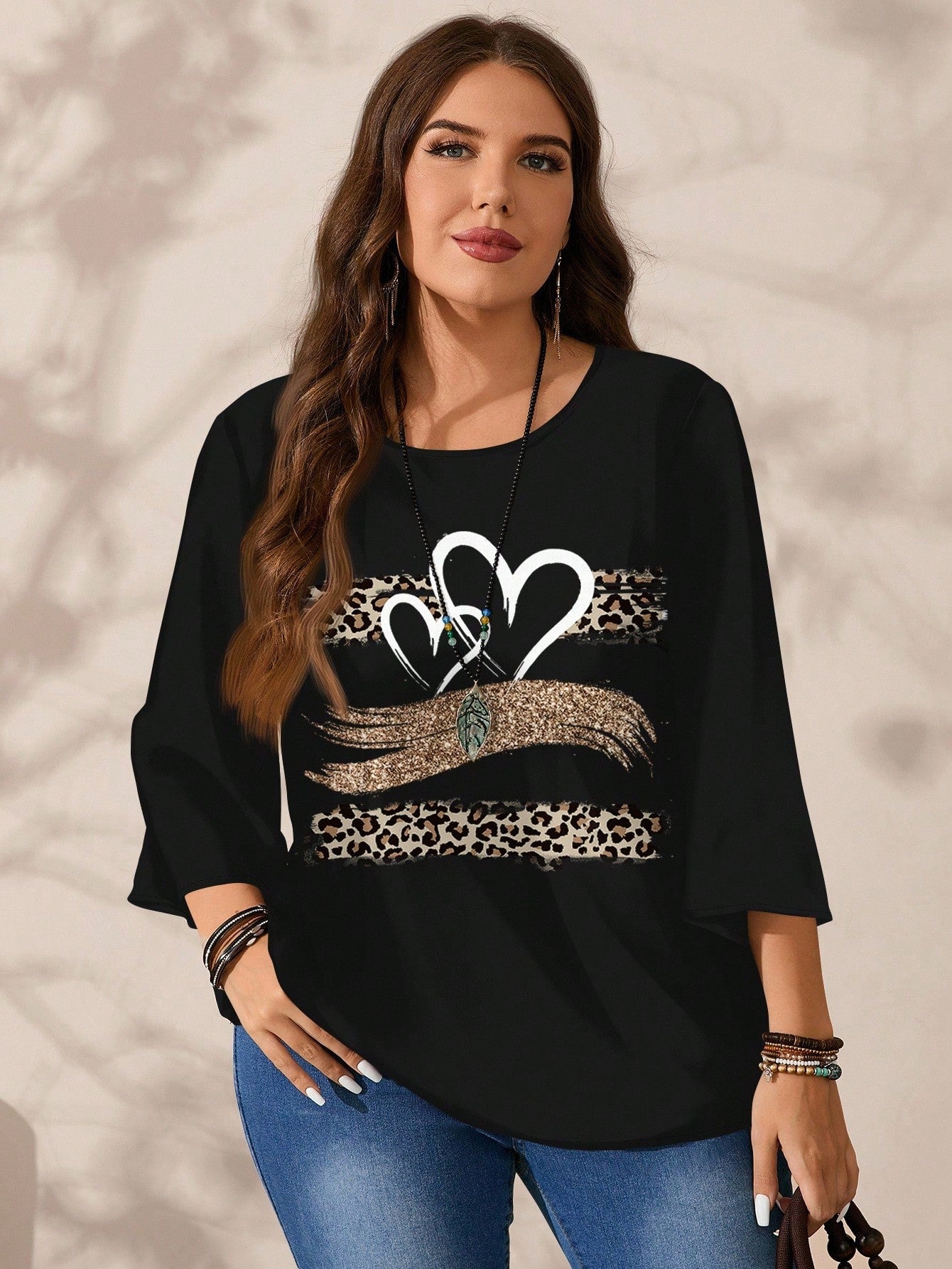 EMERY ROSE Plus Size Women Casual All-Over Print Loose Fit Round Neck 3/4 Sleeve Blouse Fall