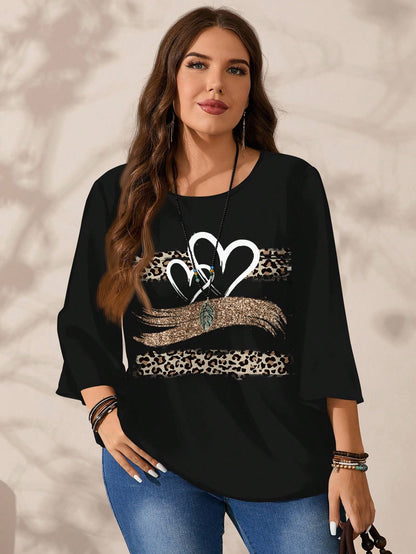 EMERY ROSE Plus Size Women Casual All-Over Print Loose Fit Round Neck 3/4 Sleeve Blouse Fall