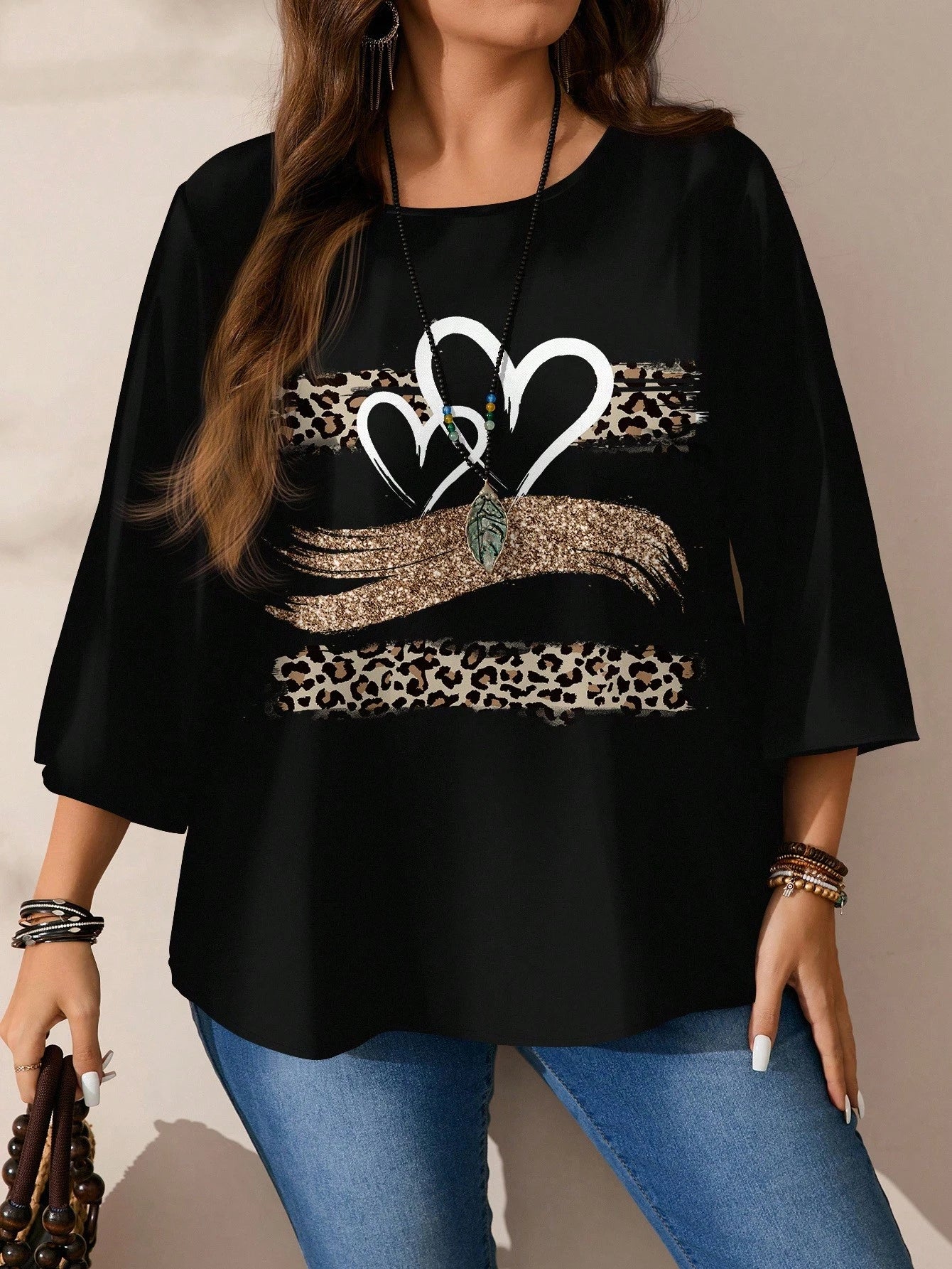 EMERY ROSE Plus Size Women Casual All-Over Print Loose Fit Round Neck 3/4 Sleeve Blouse Fall