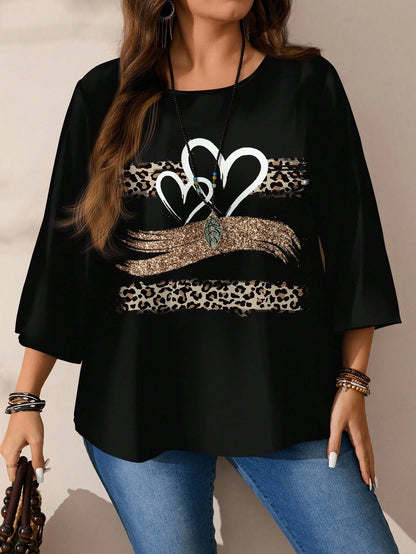 EMERY ROSE Plus Size Women Casual All-Over Print Loose Fit Round Neck 3/4 Sleeve Blouse Fall