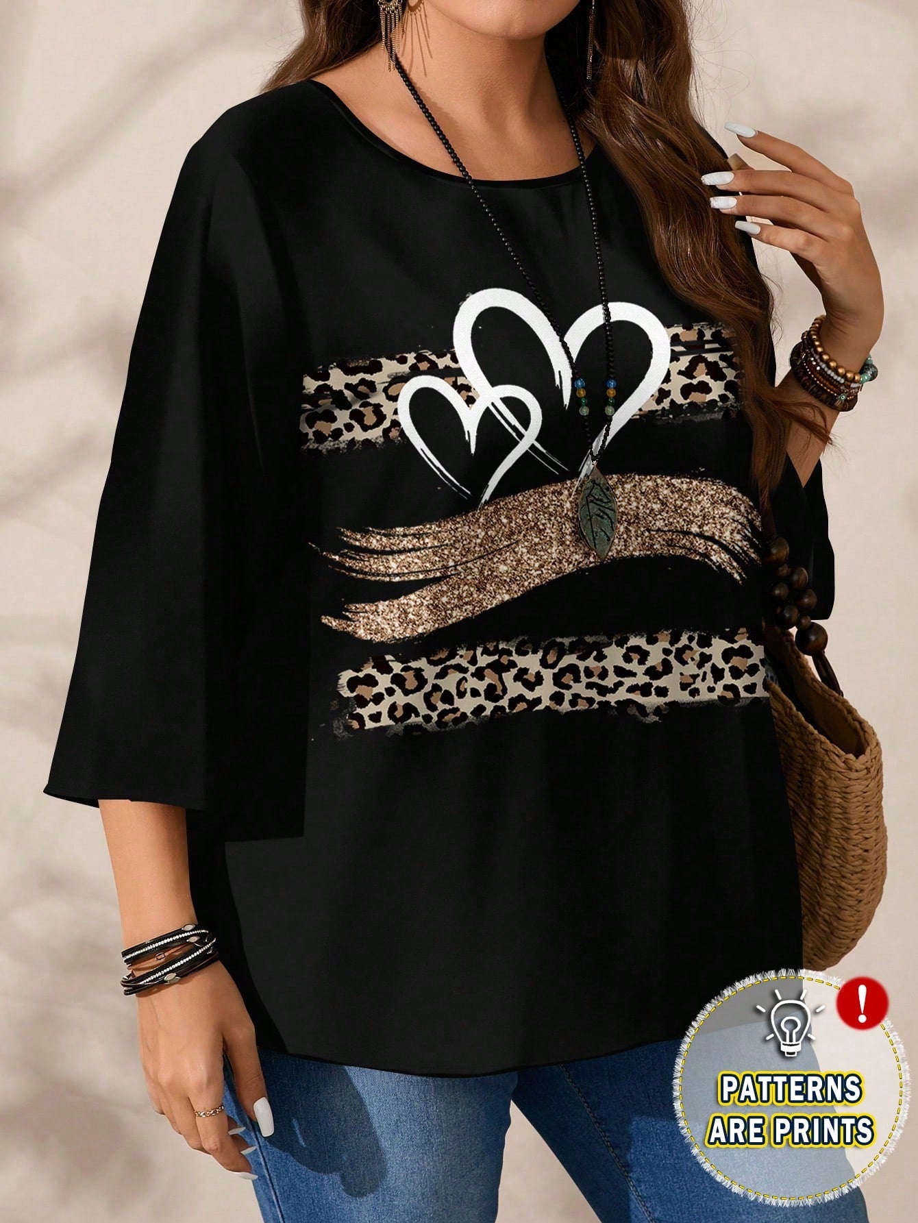 EMERY ROSE Plus Size Women Casual All-Over Print Loose Fit Round Neck 3/4 Sleeve Blouse Fall