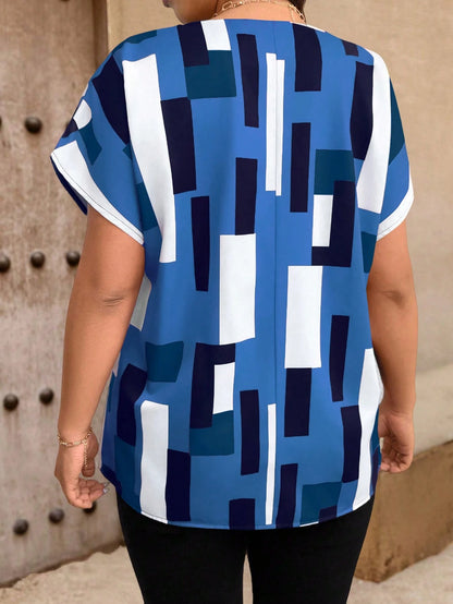 EMERY ROSE Plus Size Women Casual Geometric Print Flat Collar Shirt, Short Sleeve Top
