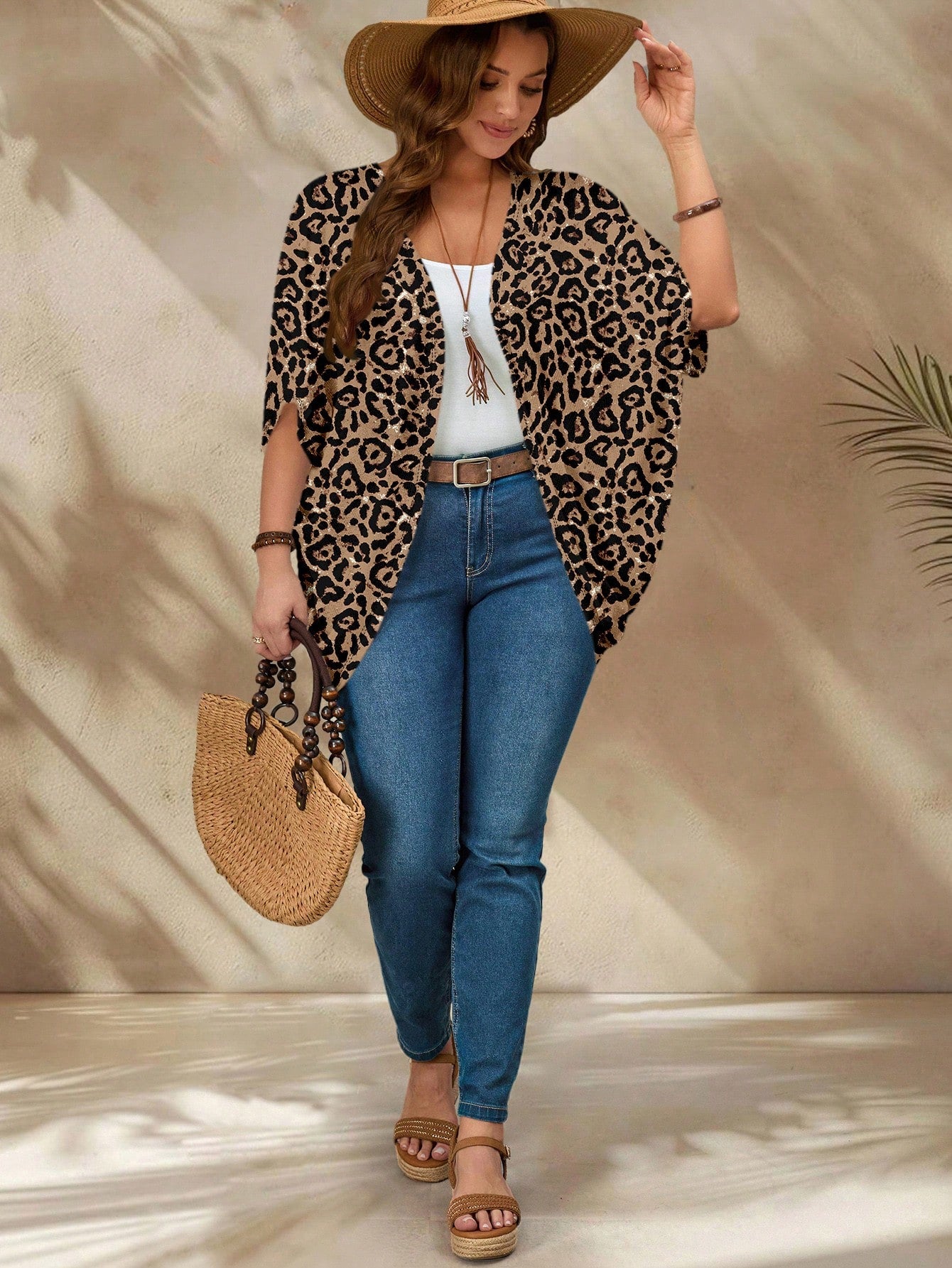 EMERY ROSE Plus Size Women Casual Leopard Print 3/4 Sleeve Jacket, Suitable For Summer Autumn,Spring