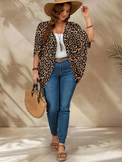 EMERY ROSE Plus Size Women Casual Leopard Print 3/4 Sleeve Jacket, Suitable For Summer Autumn,Spring