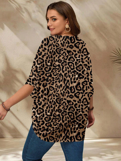 EMERY ROSE Plus Size Women Casual Leopard Print 3/4 Sleeve Jacket, Suitable For Summer Autumn,Spring