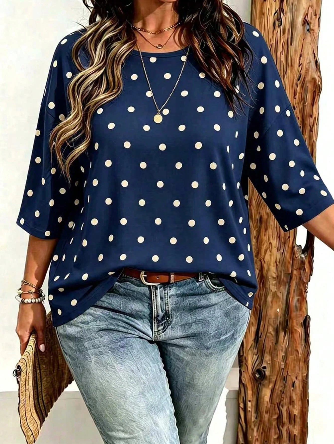 EMERY ROSE Plus Size Women Casual Minimalist Polka Dot Print Drop Shoulder T-Shirt, Suitable For Summer Wear