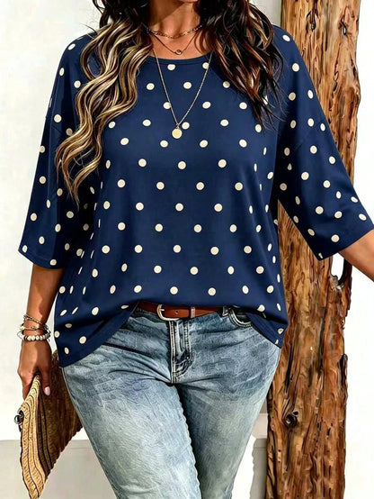 EMERY ROSE Plus Size Women Casual Minimalist Polka Dot Print Drop Shoulder T-Shirt, Suitable For Summer Wear