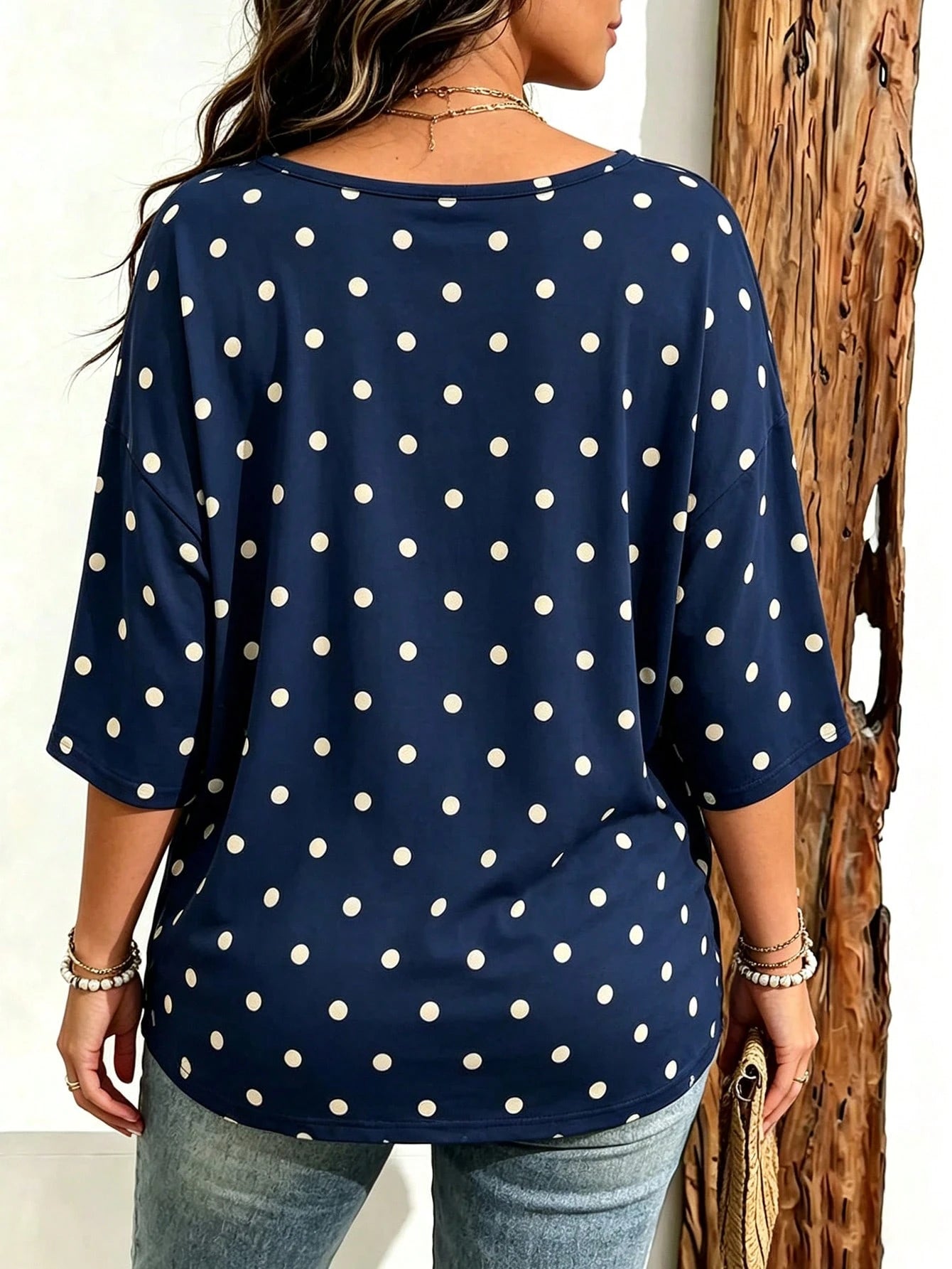 EMERY ROSE Plus Size Women Casual Minimalist Polka Dot Print Drop Shoulder T-Shirt, Suitable For Summer Wear