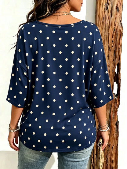 EMERY ROSE Plus Size Women Casual Minimalist Polka Dot Print Drop Shoulder T-Shirt, Suitable For Summer Wear