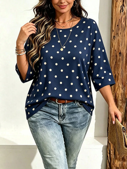 EMERY ROSE Plus Size Women Casual Minimalist Polka Dot Print Drop Shoulder T-Shirt, Suitable For Summer Wear
