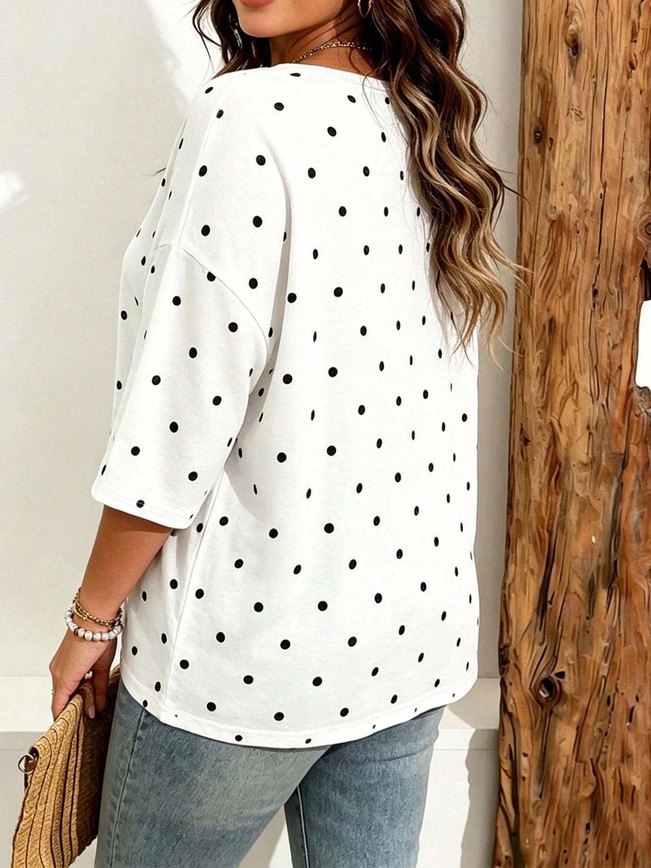 EMERY ROSE Plus Size Women Casual Minimalist Polka Dot Print Drop Shoulder T-Shirt, Suitable For Summer Wear