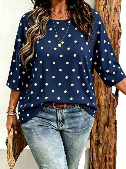 EMERY ROSE Plus Size Women Casual Minimalist Polka Dot Print Drop Shoulder T-Shirt, Suitable For Summer Wear