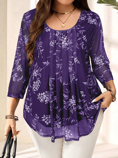 EMERY ROSE Plus Size Women Elegant Purple Floral Print 3/4 Sleeve Blouse,Autumn Family Matching,Casual Bohemia Holiday Vacation Everyday Wear,Fashionable Top