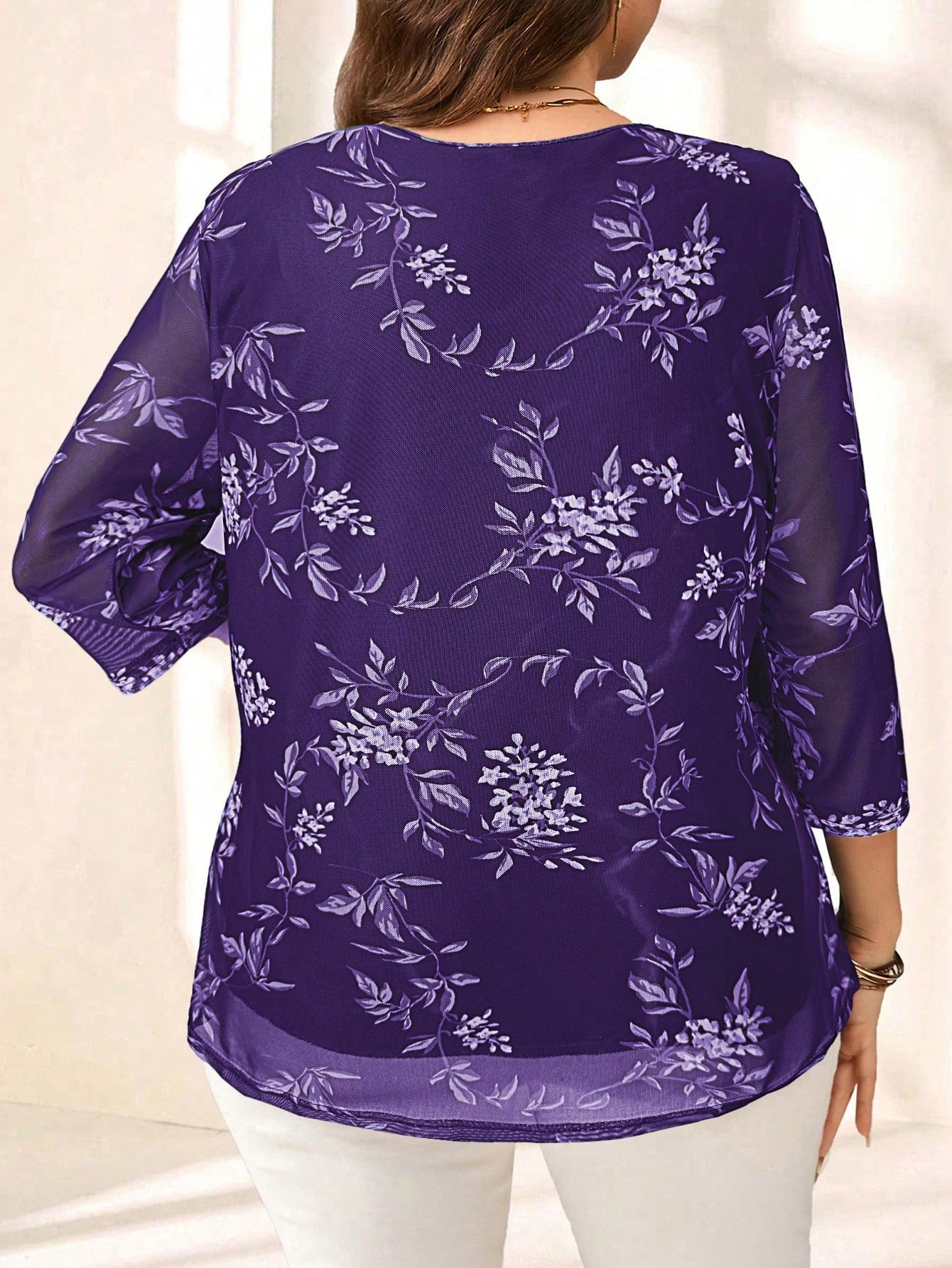 EMERY ROSE Plus Size Women Elegant Purple Floral Print 3/4 Sleeve Blouse,Autumn Family Matching,Casual Bohemia Holiday Vacation Everyday Wear,Fashionable Top