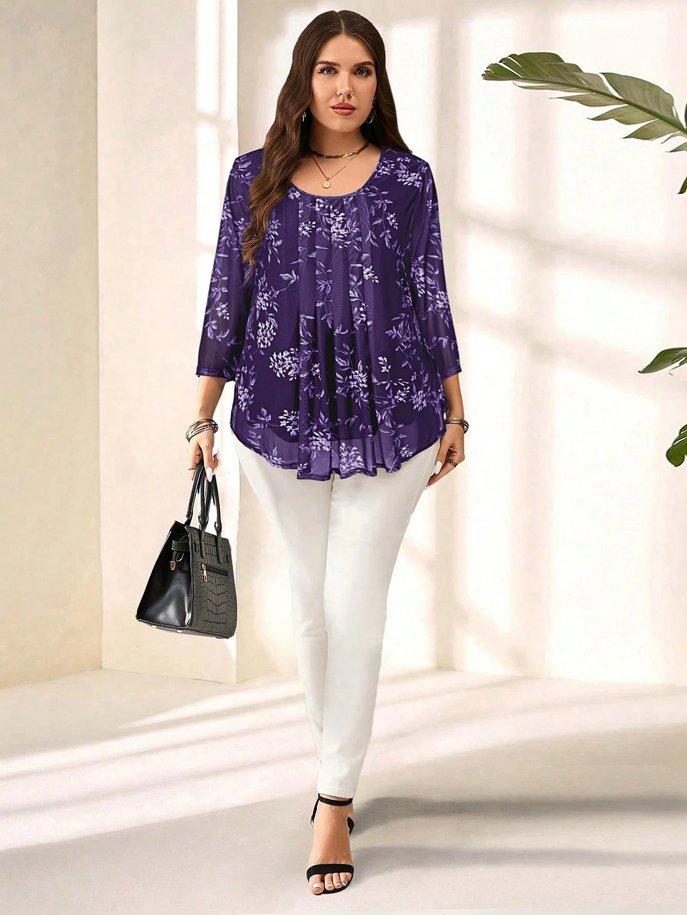 EMERY ROSE Plus Size Women Elegant Purple Floral Print 3/4 Sleeve Blouse,Autumn Family Matching,Casual Bohemia Holiday Vacation Everyday Wear,Fashionable Top