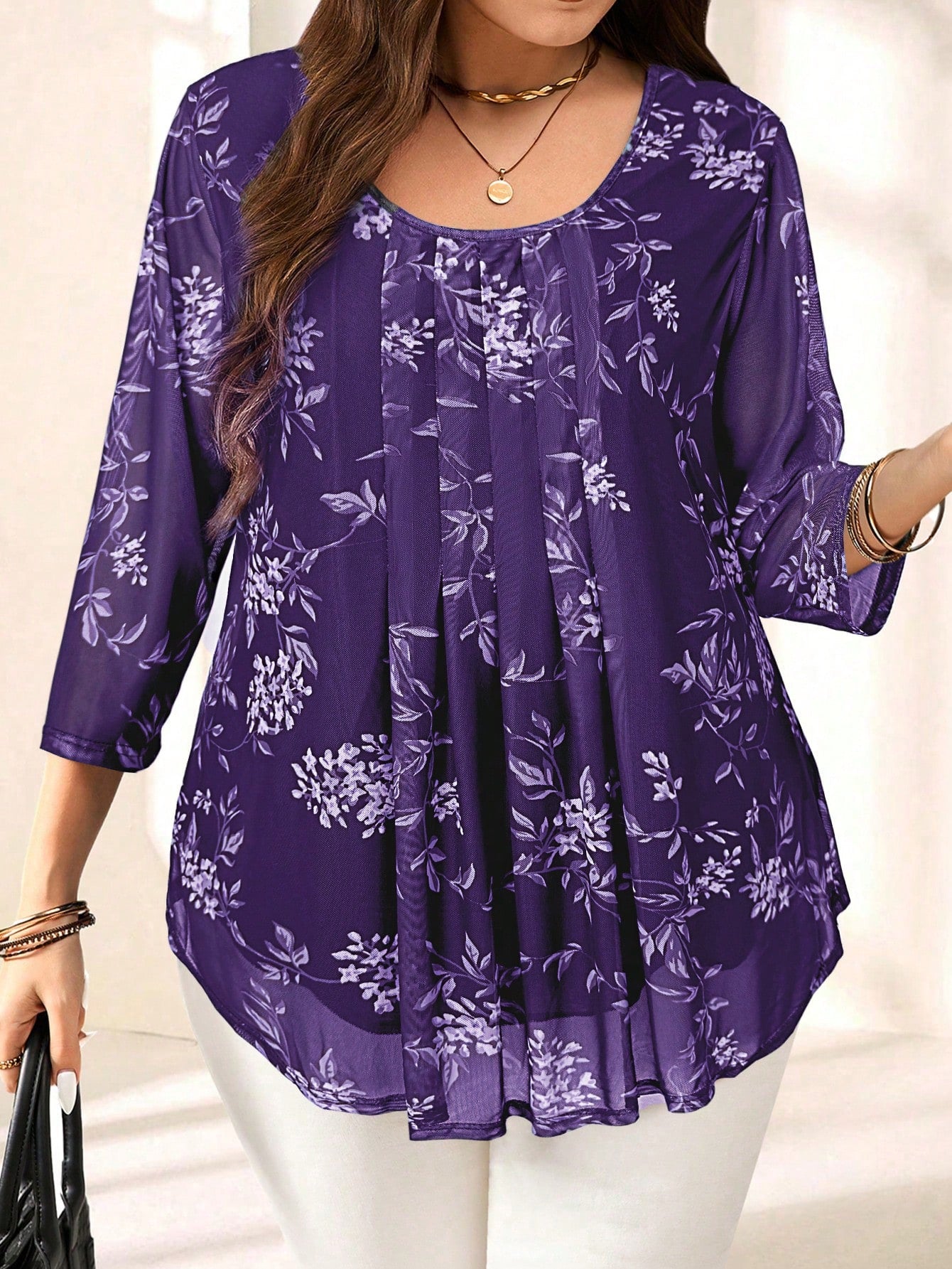 EMERY ROSE Plus Size Women Elegant Purple Floral Print 3/4 Sleeve Blouse,Autumn Family Matching,Casual Bohemia Holiday Vacation Everyday Wear,Fashionable Top