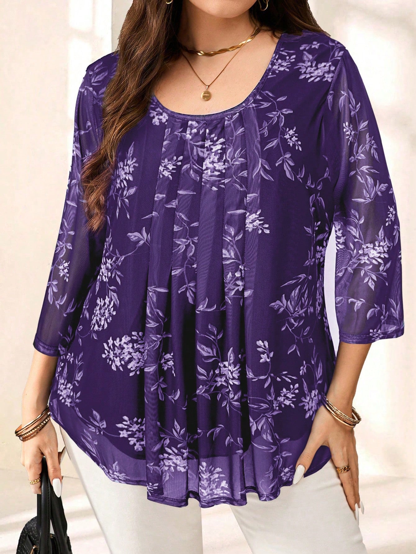 EMERY ROSE Plus Size Women Elegant Purple Floral Print 3/4 Sleeve Blouse,Autumn Family Matching,Casual Bohemia Holiday Vacation Everyday Wear,Fashionable Top