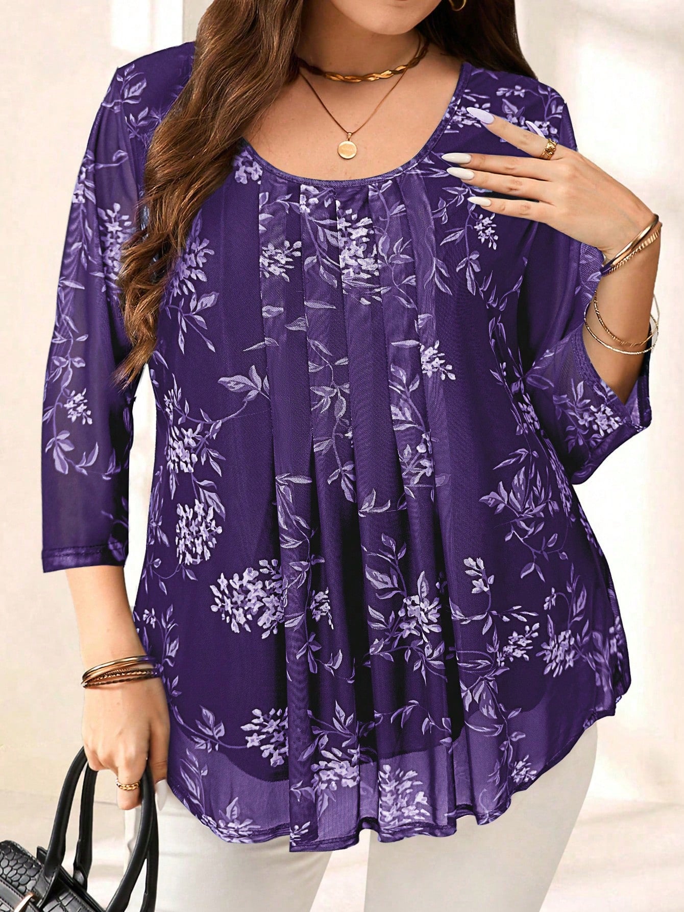 EMERY ROSE Plus Size Women Elegant Purple Floral Print 3/4 Sleeve Blouse,Autumn Family Matching,Casual Bohemia Holiday Vacation Everyday Wear,Fashionable Top
